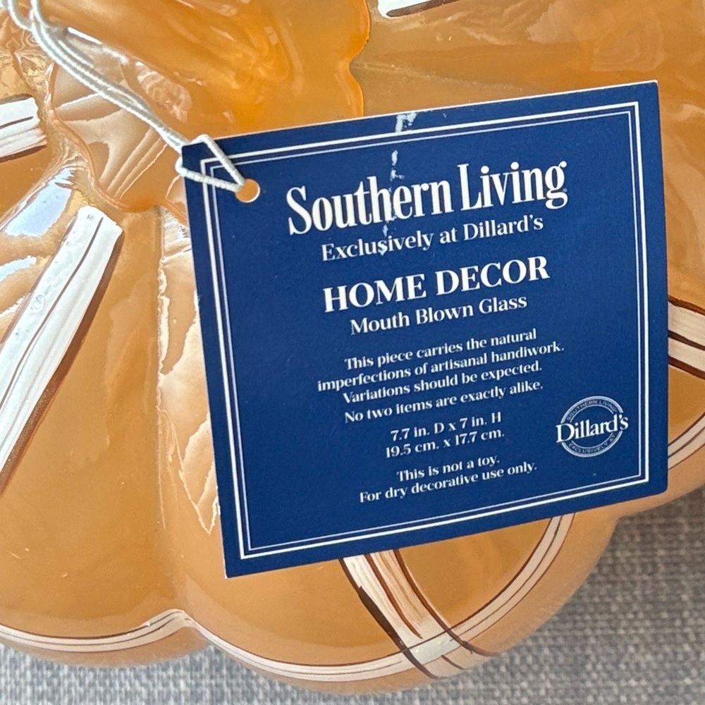 NWT Southern Living Hand Blown Glass Pumpkin Orange White Striped Fall Decor - Picture 6 of 10